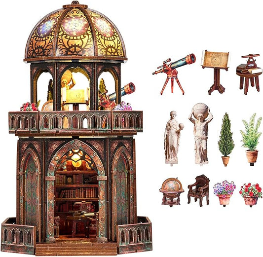 DIY Miniature House Kit,Steampunk Observatory for Adults to Build, Birthday/Christmas Day Gift for Family and Friends, 3D Wooden Dollhouse with LED Lights,Observatory