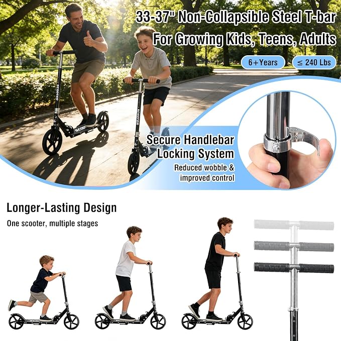 Scooter for Age 6+, Folding Kick Scooters for Kids 8-12,Teens, Adults up to 250Lbs,3 Adjustable Heights, Rear Brake, Wide Antislip Deck, Lightweight Scooter for Boys Girls