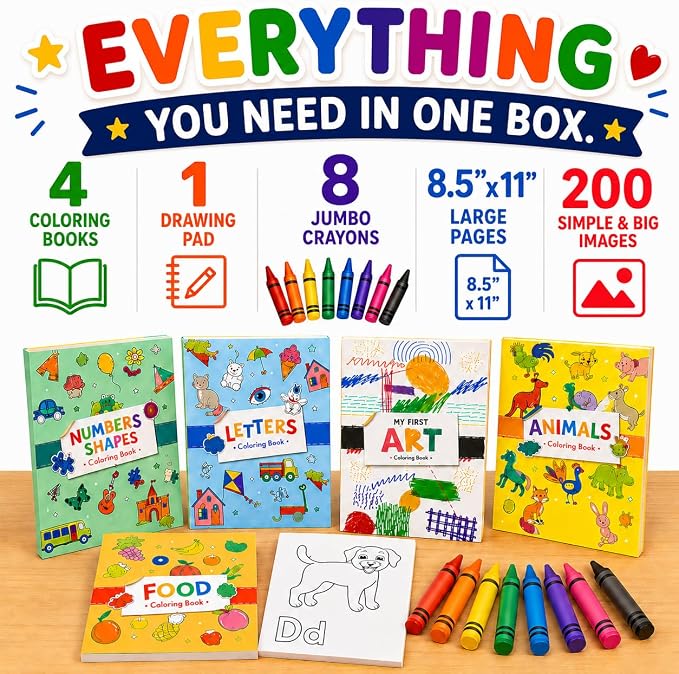 Coloring Books for Toddlers 1-3 with Large Pages & Crayons for Toddlers 1-3, Boys Coloring Book Set Featuring Letters, Numbers, Shapes, Animals & Food Activities, 2 Year Old Workbook Set in Blue Box