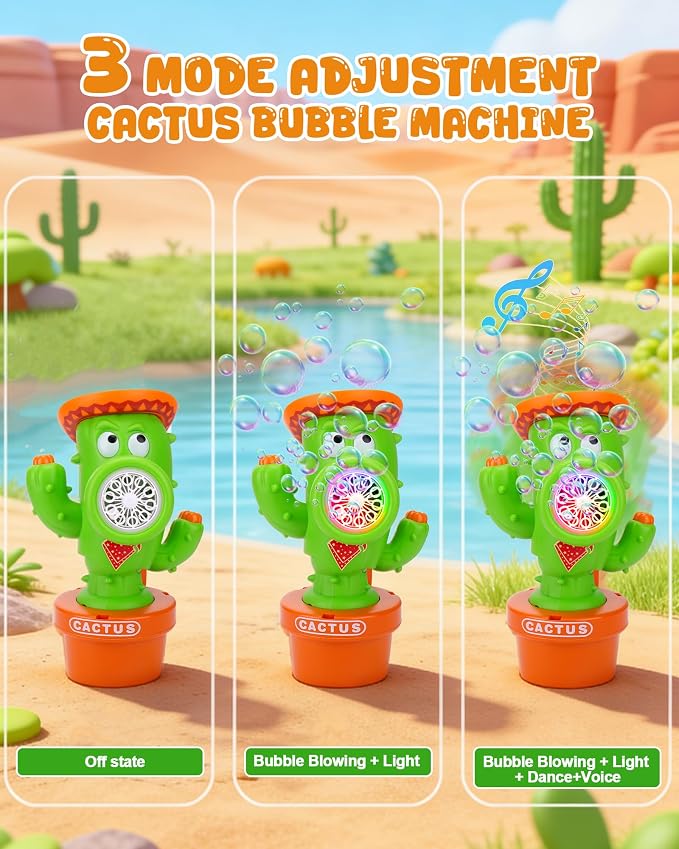 Vodolo Cactus Bubble Machine for Kid, Handheld Automatic Bubble Blower with Lights and Music， Swing Dance Bubble Maker Blower Blaster Outdoor Toys