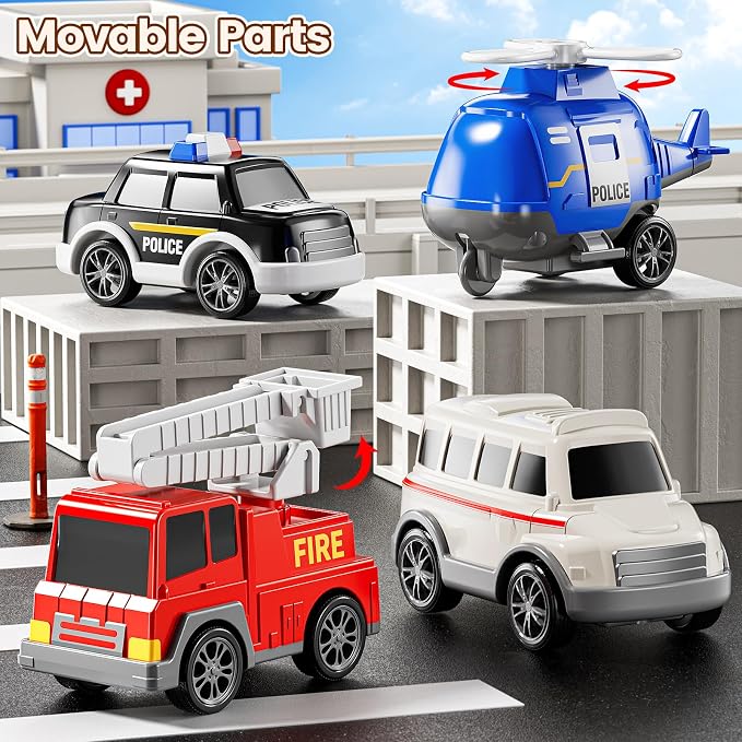 JUKUDAHU 5-in 1 Play Ambulance Toy Vehicle Toddler Truck Toys for 3 4 5 6 7 Year Old Boys - Friction Powered Cars with Light and Sound, Police Car, Fire Truck, Ambulance Car, Birthday Gifts for Kids