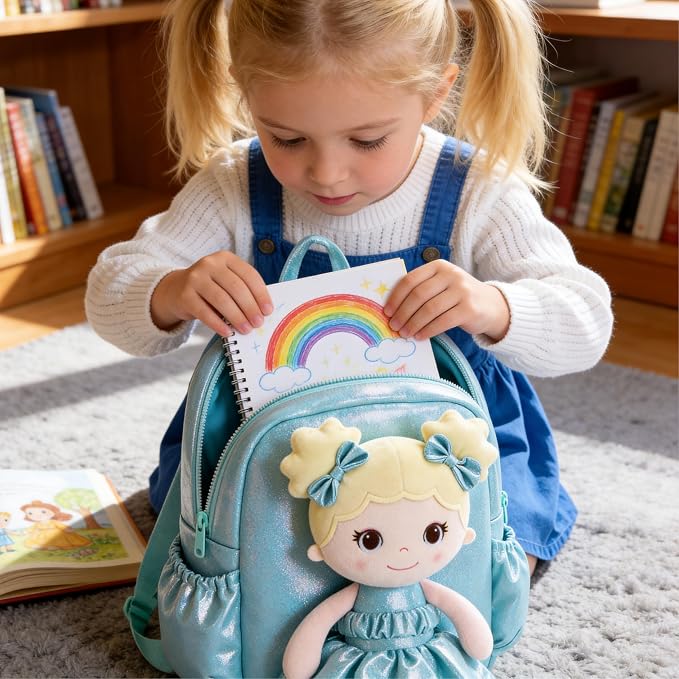 Lazada Toddler Backpack - Baby Girl Gifts Curly Fingerprints Plush Doll Dress Backpack - Fashion Girls Curly Rolled Fingerprints Series - Lake Blue 11 Inches