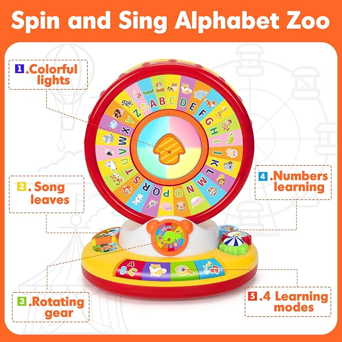 Toys for 1 2 3 Year Old Boys Girls, Musical Spin and Sing Alphabet Zoo, Learning Toys for Toddlers 1-3, Educational Interactive Toys, Christmas Birthday Gift for Baby Age 6-9-12-18 Months (Red)