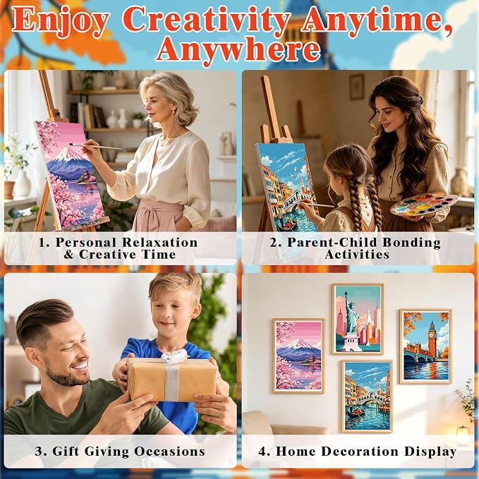 FLUXOJOY 6 Pack Painting by Number Kits for Adult, DIY Canvas Color Painting Kit for Kids or Beginner with Paint Brushes Acrylic Pigment Drawing Paintwork 20x30cm Without Frame (City Landmark-6 Pack)