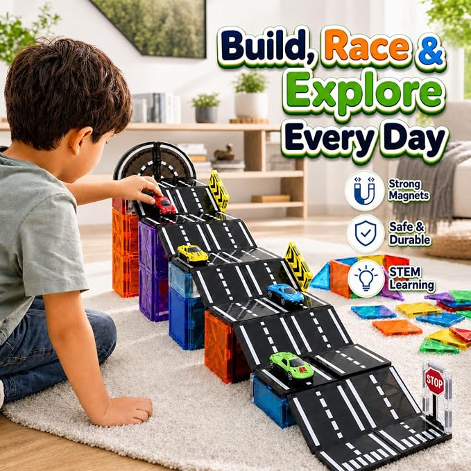 Magnetic Tiles Road Set with Cars, Magnetic Road Building Tiles with 6 Race Cars, Traffic Lights & Road Signs, STEM Construction Toy for Boys Girls Ages 3-5 4-8 5-7, Expansion Magnetic Building