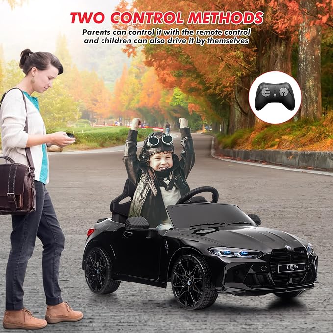 12V Ride On Car for Kids，Licensed BMW M4 Battery Powered Vehicle Car for Boys and Girls, with Remote Control,3 Speed,Led Light,(Black)