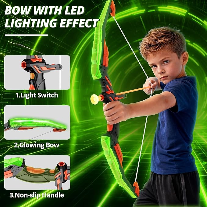 HYES Bow and Arrow for Kids, LED Light Up Archery Set with 12 Suction Cup Arrows, 1 Standing Target, 3 Score Targets & 1 Quiver, Indoor Outdoor Sport Gifts for Boys Girls Ages 4-12, Green