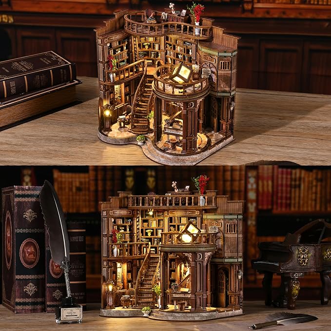 fifijoy DIY Miniature Dollhouse Kit - DIY Miniature House Kit with LED Lights, 3D Wooden Puzzle Library Bookshelf Decor for Adults, Creative Gift for Family, Friends (Dreamy Book Hall)