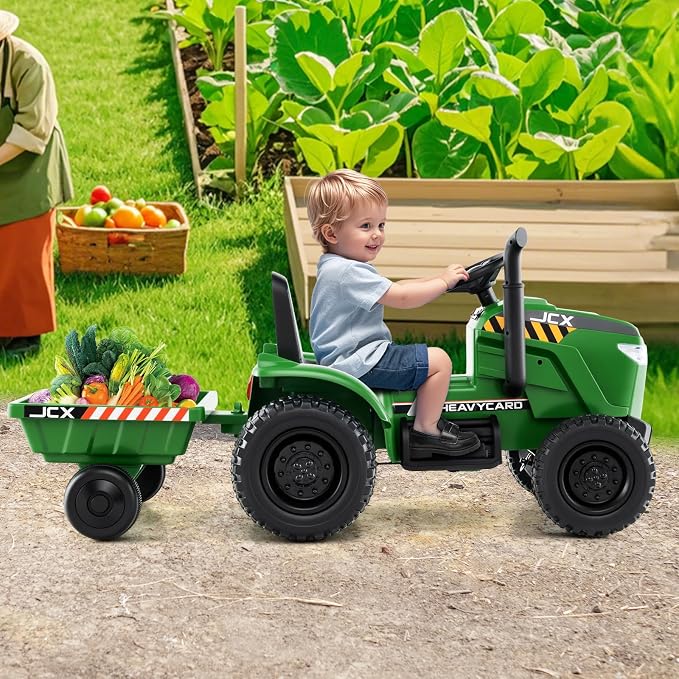 Costzon Ride on Tractor with Trailer, 12V Battery Powered Electric Vehicles with Remote Control, Music & Lights, Kids Tractor Ride on Toy with Shockproof EVA Wheels, Gift (EVA Tires, Dark Green)