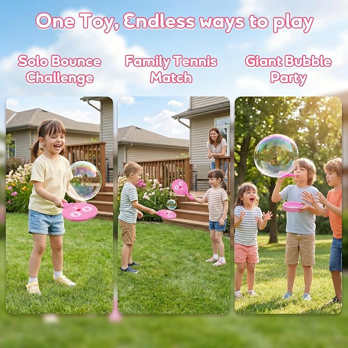 Racket Fog Bubble Machine, Rechargeable Electric Smoke Bubble Machine with 2 Rackets, Magic Bubble Maker with Colorful Lights & Music, Interactive Paddle Game for Kids, Outdoor Party, Beach, Summer