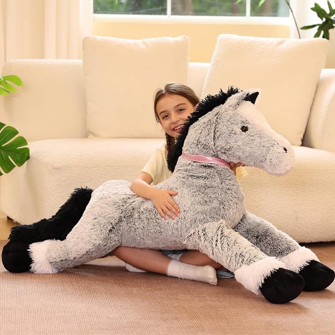 Tezituor 47 Inch Giant Horse Stuffed Animal, Large Soft Pony Plush Toy for Kids, Realistic Gray Horse Pillow Extra Large Stuffed Horse Gift for Girls Boys