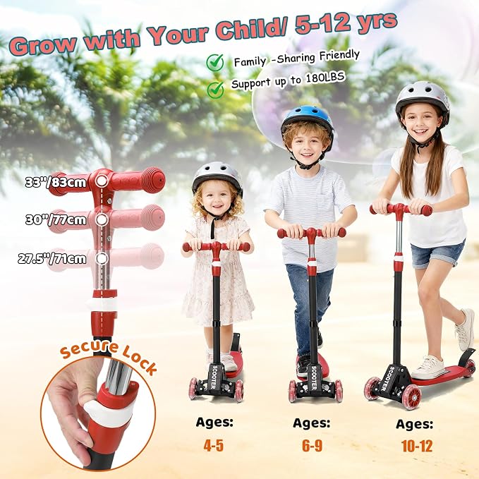 Kick Scooter for Kids Ages 6-12, Stable 3 Wheel Kids Scooter with LED Light-Up Wheels, 3 Adjustable Heights, Lean-to-Steer, Foldable, 6" Extra Wide Deck for Boys and Girls Gifts