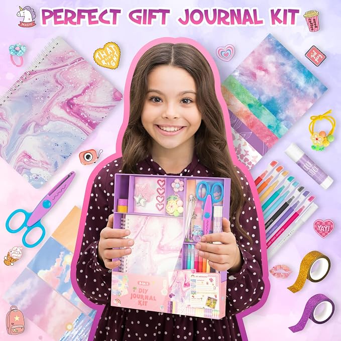 QIYVLOS 2 Pack DIY Journal Kit for Girls, Journaling Diary Toys for Ages 8-13, Arts and Crafts Birthday Stationery Set Gifts for Teen Girls Ages 8 9 10 11 12 13 14 Year Old