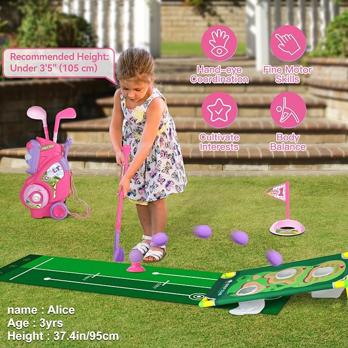 Toddler Golf Set for Boys Girls 2 3 4 Years Old, Upgraded Kids Golf Cart with Putting Mat & Cornhole Board, Outdoor Indoor Sports Toys, Pink