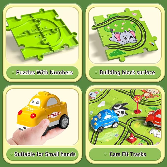 JUKUDAHU 64 Pieces Puzzle Race Track Car Set Toys for 3 4 5 6 Year Old Boys - Puzzle Tracks Car Toys for Kids Ages 3-5 with 3 Sliding Toy Cars, Animals-Themed, Birthday Gifts for Toddlers 1-3 2-4 4-6