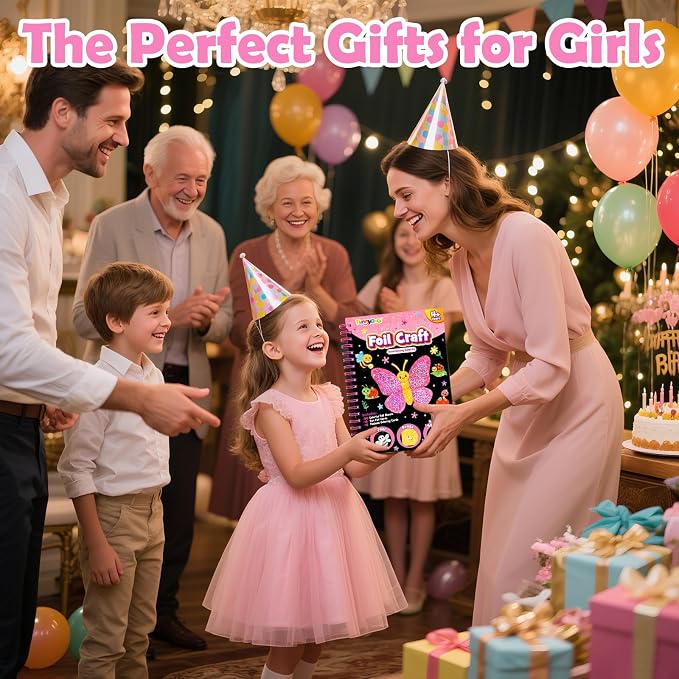 FUNNYB&G Foil Art Craft Kit for Girls 4-10 Years Old: Mess-Free & No-Glue, Create 16 Sparkly Interesting Insects Pictures – Perfect Travel Toy & Birthday Gift for Kids (Insects)