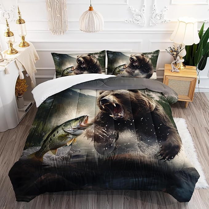 AILONEN Roaring Bear Bedding Set Twin Comforter Set, Fish and Brown Animal Bear Comforter Set,Woodland Forest Wildlife Fishing Bedding Set 3 Pieces Boys Girls Bed in A Bag,1 Quilt and 2 Pillowcases