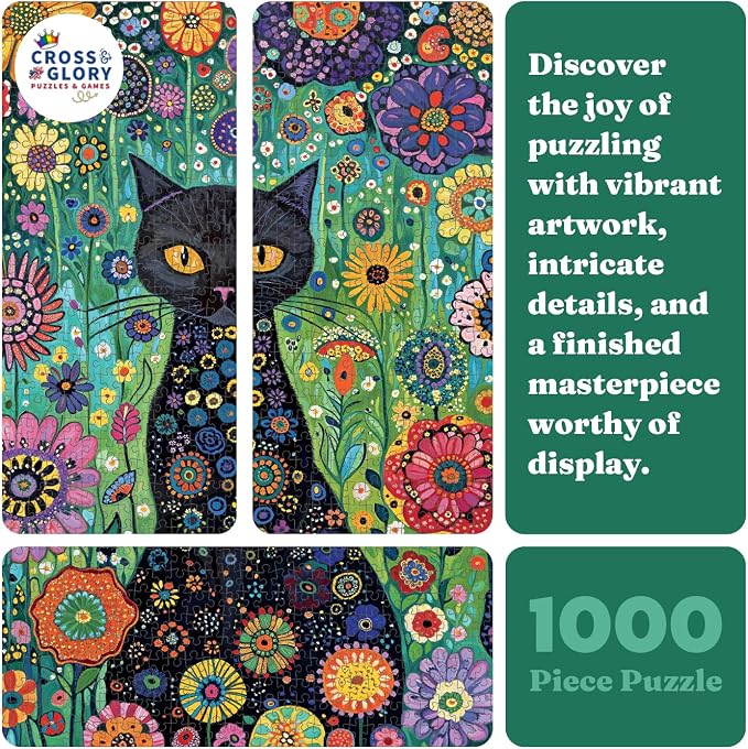 Cross & Glory | 1000 Piece Jigsaw Puzzles for Adults | Petals and The Midnight Cat | 1000 Piece Puzzle for Adults Cats & Floral | Satin Finish | Ages 14+