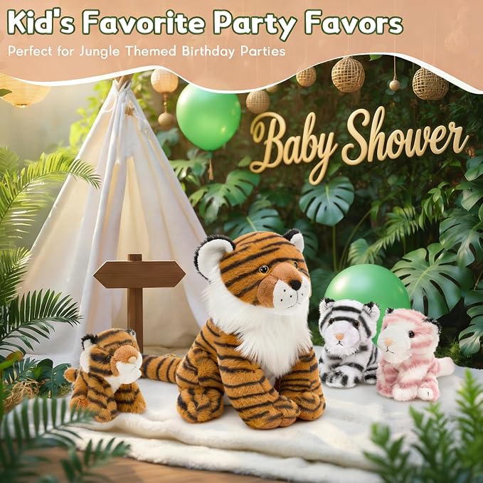 MorisMos Tiger Stuffed Animal with Babies Plush Set, Realistic Mommy Stuffed Tiger Plush with 3 Baby Cubs Inside, Wild Zoo Animal Toys for Kid Toddler Christmas Decor Birthday Gift Jungle Themed Party