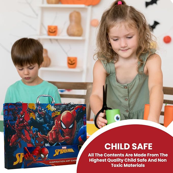 Marvel Art Case for Boys with Colored Pencils Washable Markers Crayons Stickers Drawing Supplies Travel Paint Kit Gifts for Kids (Spiderman Art Case)