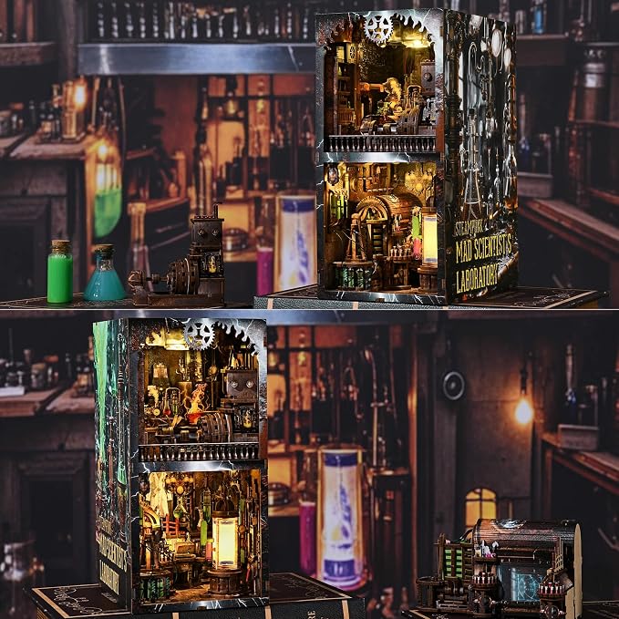 fifijoy Book Nook Kit - DIY Miniature House Dollhouse Kit for Adults and Teens, Steampunk Booknook Tiny House Bookshelf Decor 3D Wooden Puzzle (Mad Scientist Lab)