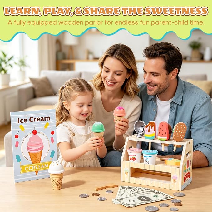 BROWNROOT Wooden Ice Cream Shop Toy with Menu and Play Money for Kids | Features cones, popsicles and cups made from wood, encouraging pretend play and creativity for ages 3+