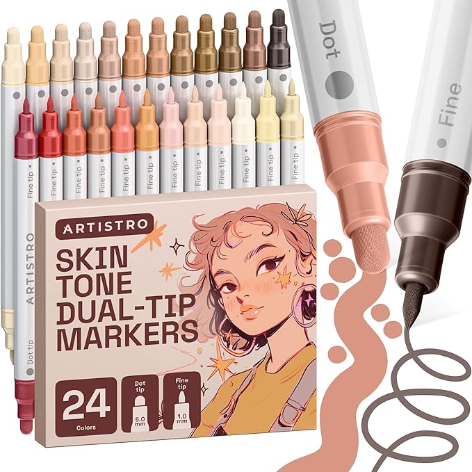ARTISTRO 24 Skin Tones Dual-Tip Acrylic Paint Markers – Paint Pens Set with Dot & Fine Tips for Fabric, Rock, Glass, Wood, Coloring Books – Arts & Crafts Gift – Classroom Must Haves & School Supplies