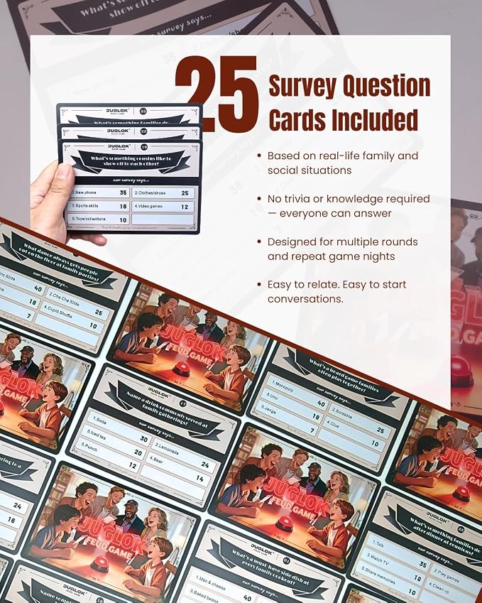 Family Feud Style Buzzer Game for Family Reunion and Game Night, Survey Question Cards, Final Round Comeback, Fun for All Ages, Prevent Awkward Silence at Parties (Reunion Special Edition)