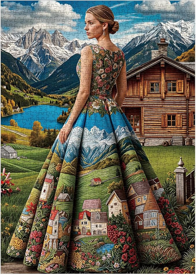 Beautiful Women Puzzles for Adults 1000 Pieces Nature, Pretty Country Landscape Lake Art Jigsaw Puzzles, Cozy Mountain Scenic Hard Difficult Challenging Puzzle