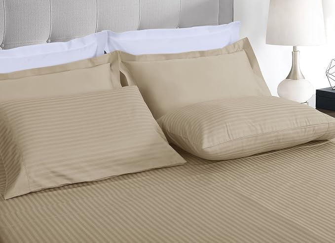 Threadmill 100% Cotton Sheets for Queen Size Bed - 600 Thread Count Queen Bed Sheets Set with 16” Deep Pocket - Damask Stripe Sateen Weave 4-Piece Bedding Set with Cooling Effect, Beige
