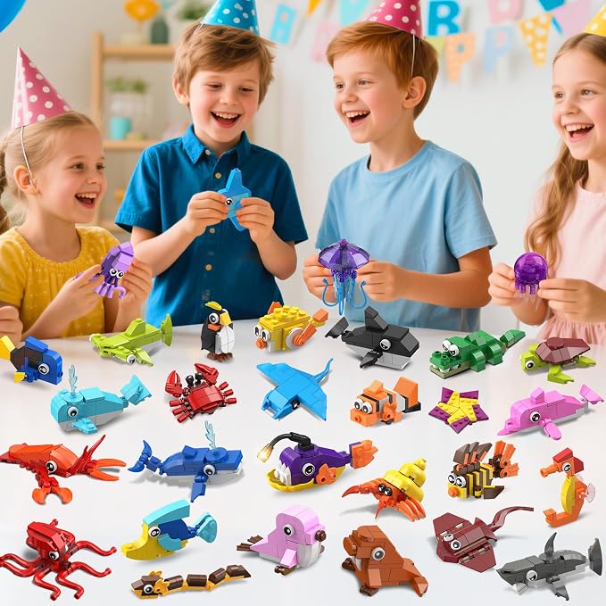 30 Pack Animals Party Favors For Kids, 824PCS Marine Animal Building Block Toy Sets for Goodie Bags Fillers Stocking Stuffer Classroom Prizes Stocking Stuffers Birthday Return Gifts for Boys Girls 6 +