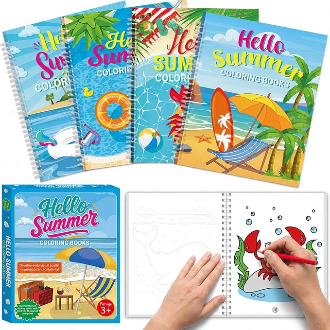 4 Pack Hello Summer Coloring Books 8.6x11 Inch Spiral Bound Coloring Books Bulk Summer Beach Activity Book DIY Crafts for Birthday Gifts Pool Party Favors Hawaiian Tropical Holiday Supplies