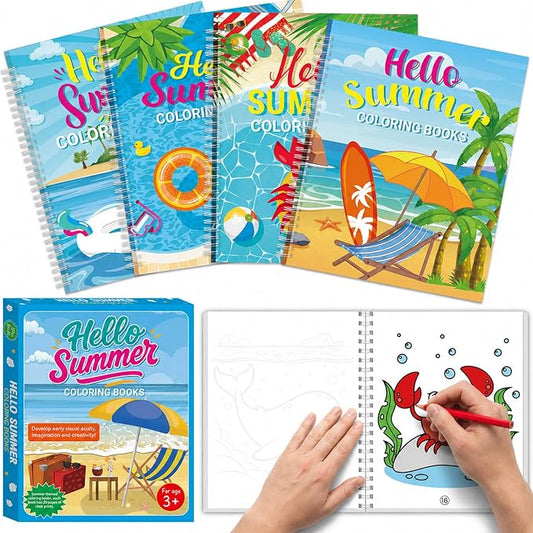 4 Pack Hello Summer Coloring Books 8.6x11 Inch Spiral Bound Coloring Books Bulk Summer Beach Activity Book DIY Crafts for Birthday Gifts Pool Party Favors Hawaiian Tropical Holiday Supplies
