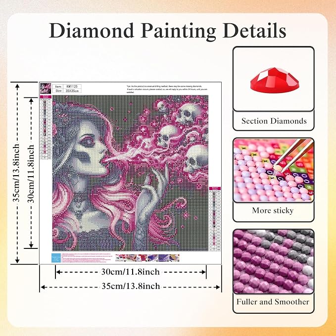 CHWGLFGG 5D Full Round Drill Diamond Painting Kit for Adults, Gothic Sugar Skull Woman Pink Smoke Skull Diamond Art Canvas, DIY Paint by Diamonds Dot Gem Craft 13.8x13.8 Inch for Home Wall Decor