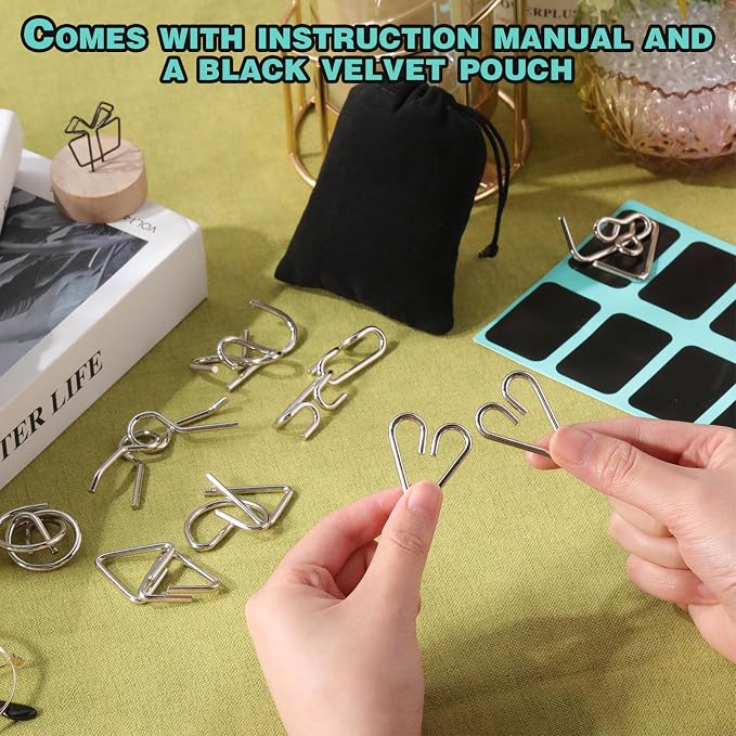 Metal Wire Puzzle Set of 8 with Pouch, Brain Teaser Puzzles IQ Test Ring Disentanglement Unlock Interlock Game Trick Metal for Party Favor Challenge(B Style)