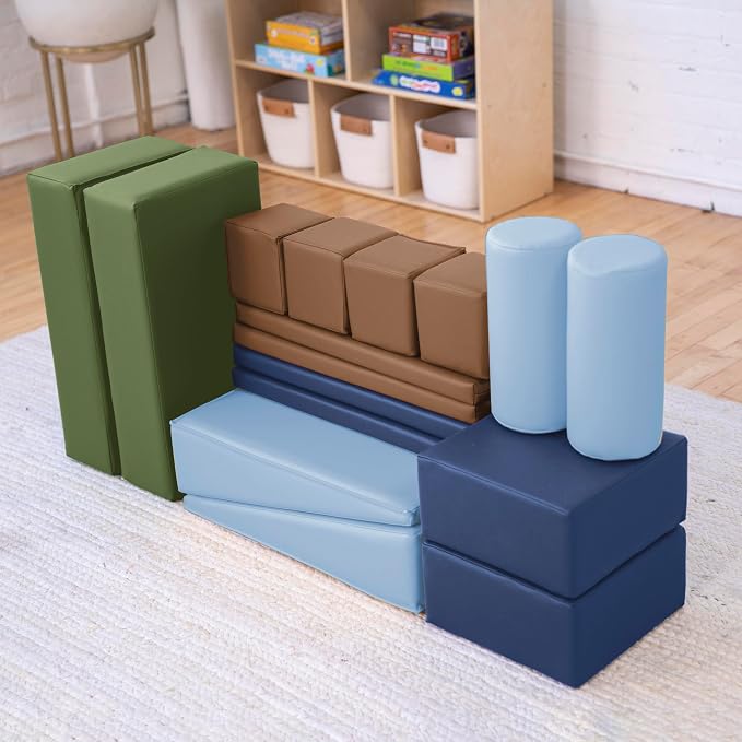 ECR4Kids SoftZone Builder Stacking Blocks and Shapes, Beginner Playset, Earthtone, 16-Piece
