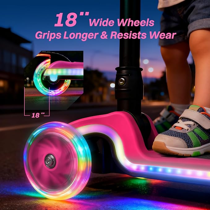 JOVA ZIFFY Light-Up Toddler Scooters for Kids 3-8, 3 Wheel Kids Scooter for Boy Girl 110lbs, 20 Dynamic LED Lights, 4 Adjustable Height Ride-on Kick Scooter, Lean-to-Steer Anti-Slip Wide Deck