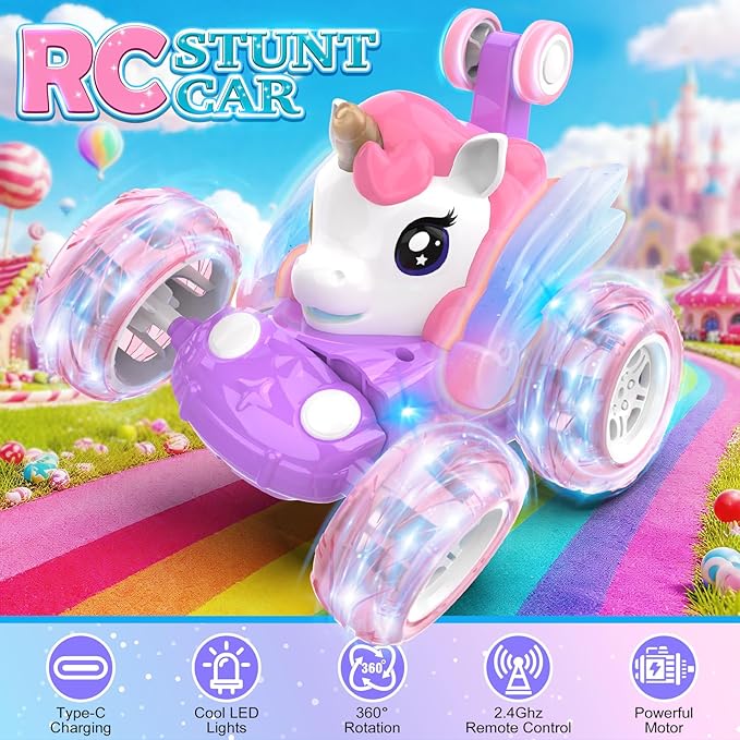 Mafbeanl Remote Control Car Stunt RC Cars 360° Rotating with 2.4GHz Rechargeable Wheel Lights Toys Car Gift for Boys Girls 3 4 5 6 7 8 9 10 11 12 (Pink)