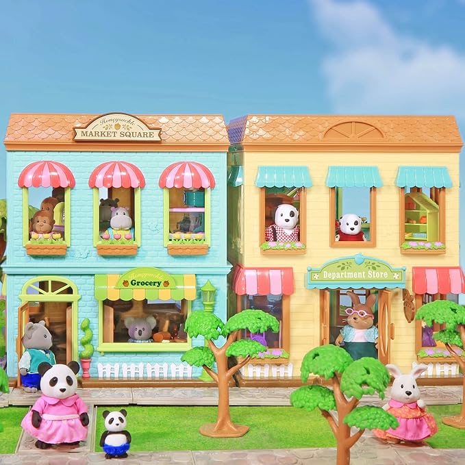 Li'l Woodzeez – Honeysuckle Square Market & Shopping Playset with 24 Pieces, Miniature Animal Figures & Accessories for Imaginative Play, 3+ Years