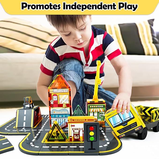 Drofex Magnetic Tiles Road Set with 2pcs Magnetic Crane, Creative Construction Toys for Kids Ages 3-12, Boys & Girls, Engineering Themed Magnetic Building Blocks