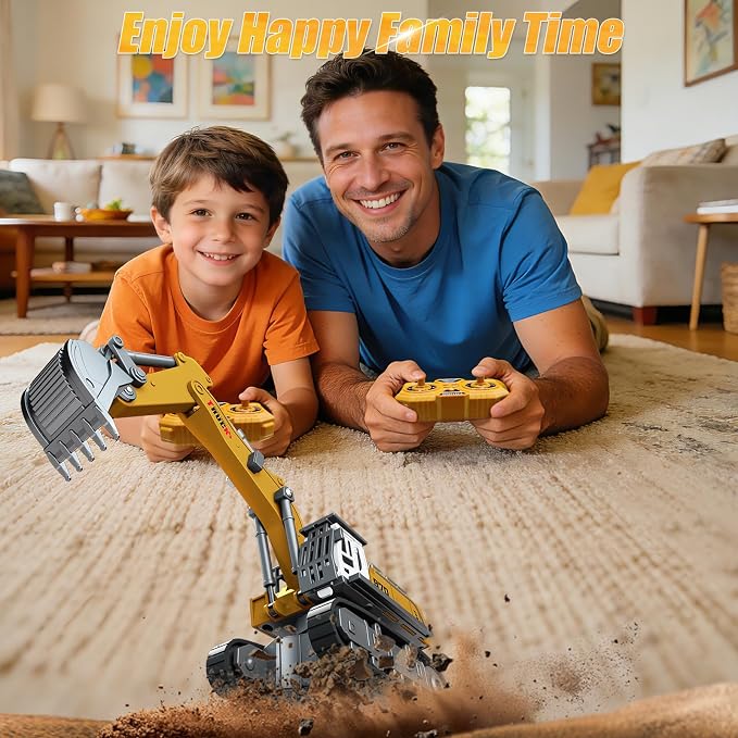 1:64 Remote Control Mini Excavator Toy, 2.4GHz RC Excavator with 11-Channels, 330° Rotation, Type-C Charging, LED Light & Music, Includes 4 Road Barriers, Construction Vehicle Gift for Kids & Adults