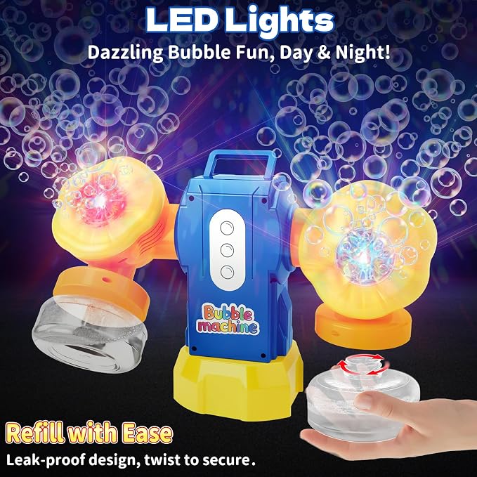 Dual-Engine Bubble Machine with LED Lights & Automatic 360° Rotation & 90° Adjustable, Type-C Rechargeable Bubble Blower Maker for Kids Birthday Parties Weddings Outdoor Activities