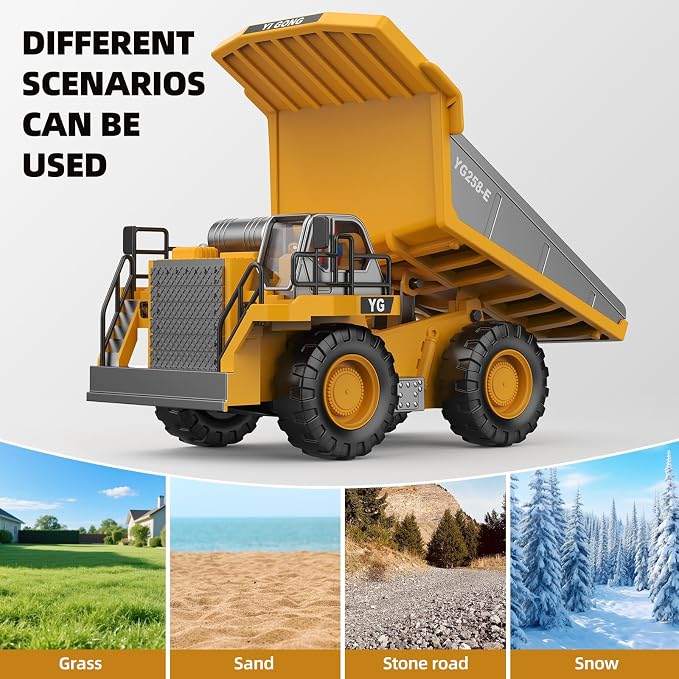 9-Channel RC Dump Truck Toy, 2.4GHz Remote Control Truck with Metal Bed, Light & Sound, 2 Rechargeable Batteries, Construction Vehicle for Kids Boys Girls Ages 3-12