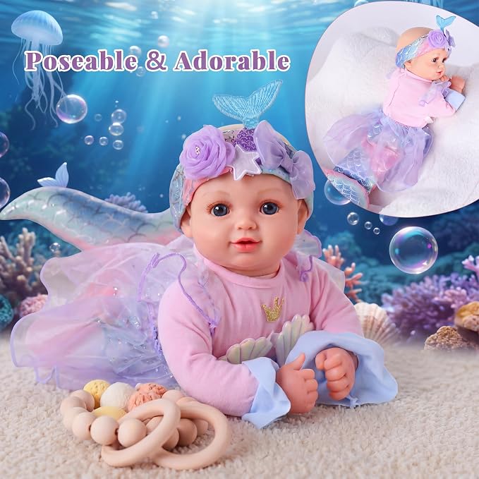 BABESIDE Mermaid Baby Doll Girl, 15-Inch Realistic Soft Baby Dolls with Shiny Mermaid Tail & Accessories, Cute Mermaid Toys for Girls Ages 3+ Kids, Christmas, Birthday