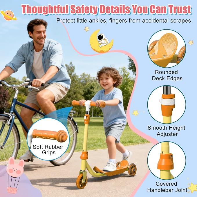 Kick Scooter for Kids Ages 3-7, Three Wheel Toddler Scooter with Handlebar Steering(No Lean),Height Adjustable, Light Up Rear Wheels, Indoor Outdoor Toy for Girls Boys, Holiday Birthday Gift