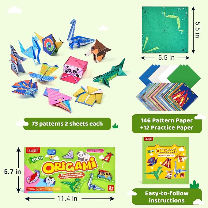 Gamenote Colorful Origami Kit for Kids 72 Projects 180 Double Sided Origami Paper 12 Sheets Practice Papers Instructional Origami Book Origami Gift for 4+ Boys Adult Beginners Training Craft, Dinosaur