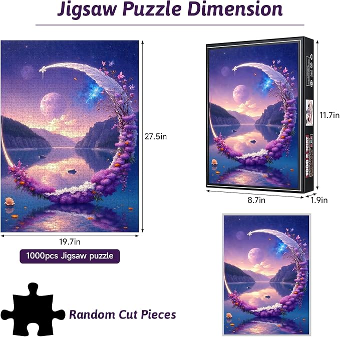 Dreamy Crescent Moon Lake Jigsaw Puzzle for Adults- Challenging DIY Brain Teaser Jigsaw Puzzles 1000 Pieces for Adults, Family Game Night Fun, Decorative Puzzle with Surreal Landscape Design