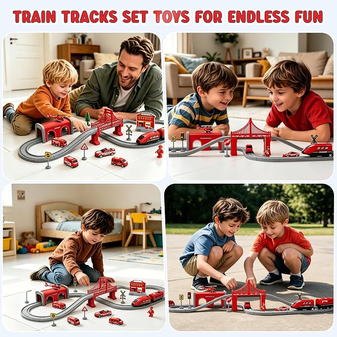 Wdmiya Train Sets for Toddlers, 66 Pcs Trains Toy with Battery Operated & Tracks (Magnetic Connection), Compatible with Thomas, Brio, Christmas Toy Gifts for 3 4 5 6 7 8 Years Old (Fire Engines)