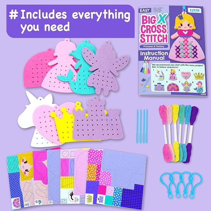 EZCRA Beginner Needlepoint Cross Stitch Kit for Kids Ages 5-8 - Princess Easy Embroidery Starter Set with Jumbo Plastic Needles, Pre-Printed Patterns, Instructions - DIY Arts & Crafts for Girls & Boys