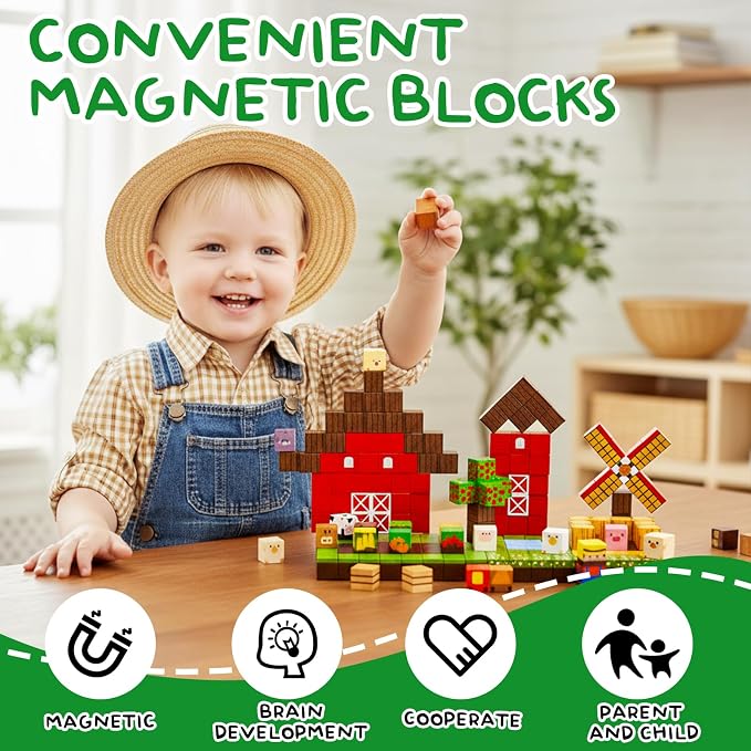 200PCS Large Farm Magnetic Building Blocks, Animals Stacking Magnet Build Cubes Montessori STEM Sensory Educational Game Toys for Kids Boys Girls Christmas Xmas Birthday Gifts